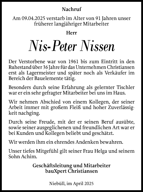 Traueranzeige von Nis-Peter Nissen von Husumer Nachrichten, Nordfriesland Tageblatt