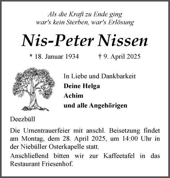 Traueranzeige von Nis-Peter Nissen von Husumer Nachrichten, Nordfriesland Tageblatt