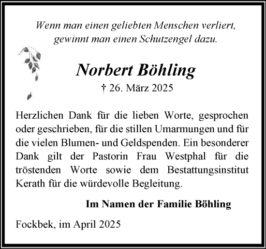 Traueranzeige von Norbert Böhling von Schleswig-Holsteinische Landeszeitung