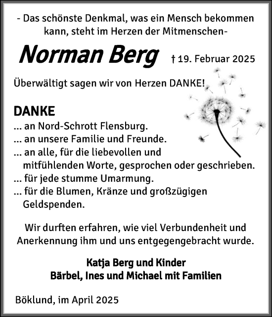 Traueranzeige von Norman Berg von Flensburger Tageblatt