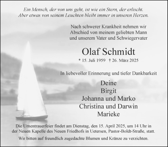 Traueranzeige von Olaf Schmidt von Uetersener Nachrichten, Der tip am Wochenende