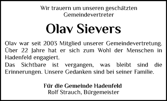 Traueranzeige von Olav Sievers von Norddeutsche Rundschau, Wilstersche Zeitung, Glückstädter Fortuna