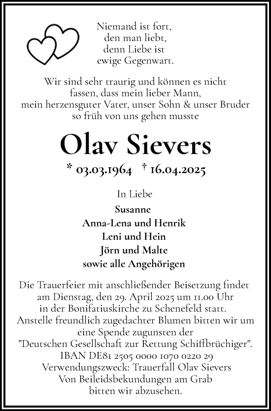 Traueranzeige von Olav Sievers von Norddeutsche Rundschau, Wilstersche Zeitung, Glückstädter Fortuna