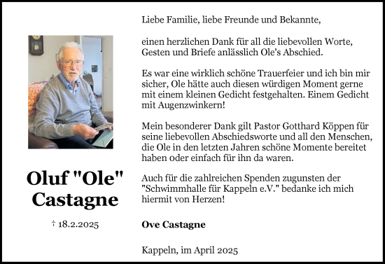 Traueranzeige von Oluf Castagne von Schleswiger Nachrichten, Schlei-Bote