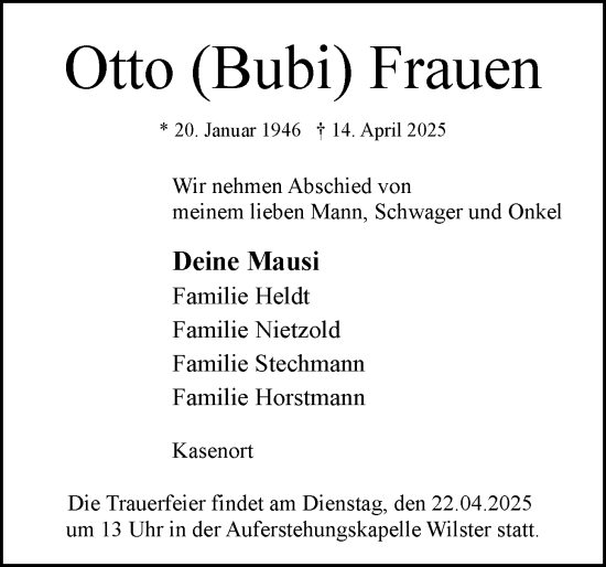 Traueranzeige von Otto Frauen von Norddeutsche Rundschau, Wilstersche Zeitung, Glückstädter Fortuna