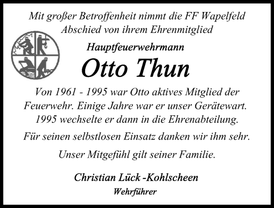 Traueranzeige von Otto Thun von Schleswig-Holsteinische Landeszeitung