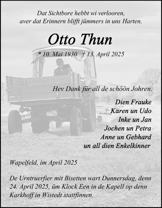Traueranzeige von Otto Thun von Schleswig-Holsteinische Landeszeitung