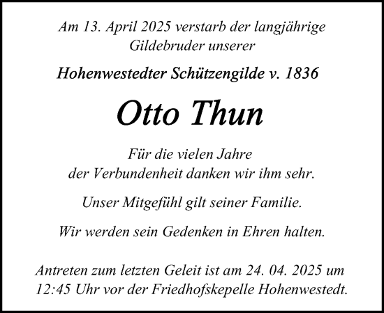 Traueranzeige von Otto Thun von Schleswig-Holsteinische Landeszeitung