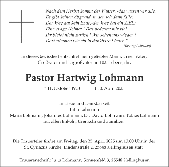 Traueranzeige von Pastor Hartwig Lohmann von Norddeutsche Rundschau, Wilstersche Zeitung, Glückstädter Fortuna