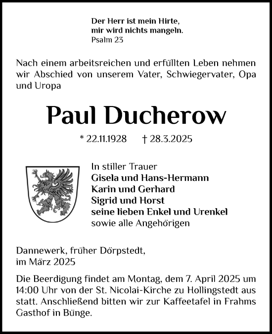 Traueranzeige von Paul Ducherow von Schleswiger Nachrichten, Schlei-Bote