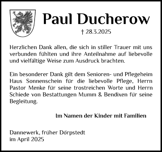 Traueranzeige von Paul Ducherow von Schleswiger Nachrichten, Schlei-Bote