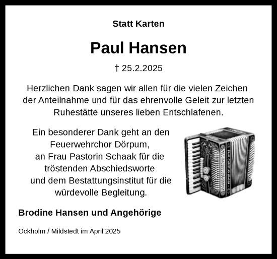 Traueranzeige von Paul Hansen von Husumer Nachrichten, Nordfriesland Tageblatt