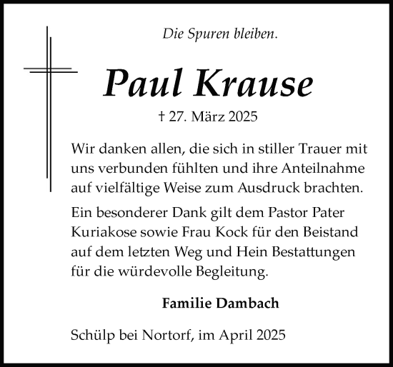 Traueranzeige von Paul Krause von Schleswig-Holsteinische Landeszeitung