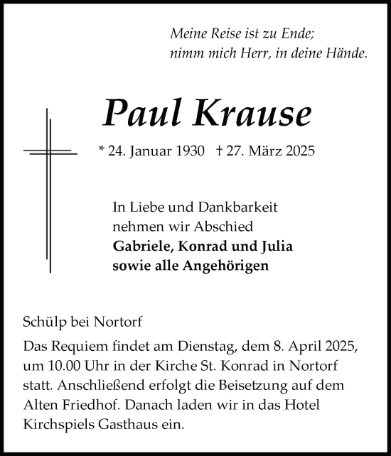 Traueranzeige von Paul Krause von Schleswig-Holsteinische Landeszeitung