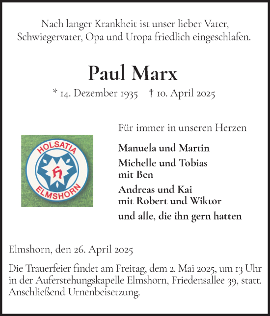 Traueranzeige von Paul Marx von Elmshorner Nachrichten, Barmstedter Zeitung