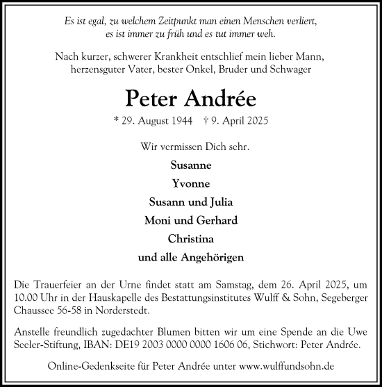 Traueranzeige von Peter Andree von Heimatspiegel