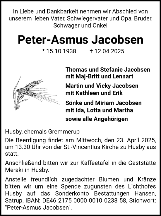 Traueranzeige von Peter-Asmus Jacobsen von Flensburger Tageblatt, Schleswiger Nachrichten, Schlei-Bote