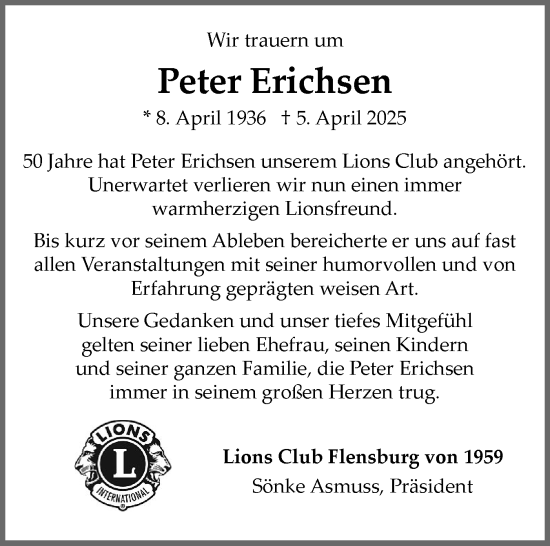 Traueranzeige von Peter Erichsen von Flensburger Tageblatt