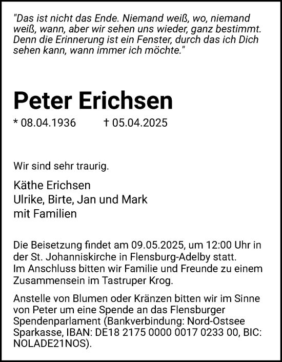 Traueranzeige von Peter Erichsen von Region Flensburg