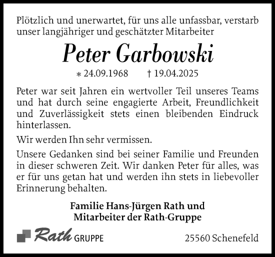 Traueranzeige von Peter Garbowski von Norddeutsche Rundschau, Wilstersche Zeitung, Glückstädter Fortuna