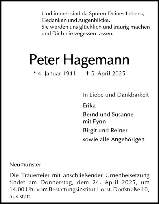 Traueranzeige von Peter Hagemann von Holsteinischer Courier