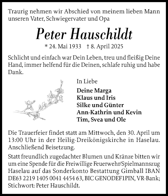 Traueranzeige von Peter Hauschildt von Uetersener Nachrichten, Der tip am Wochenende