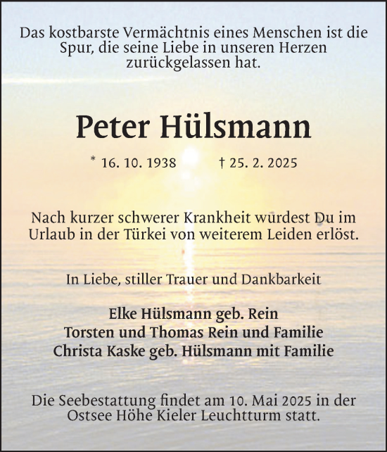 Traueranzeige von Peter Hülsmann von Wedel-Schulauer Tageblatt, tip Wedel-Schulauer Tageblatt, tip Rissener Rundschau