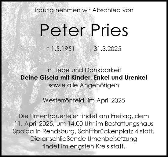 Traueranzeige von Peter Pries von Schleswig-Holsteinische Landeszeitung