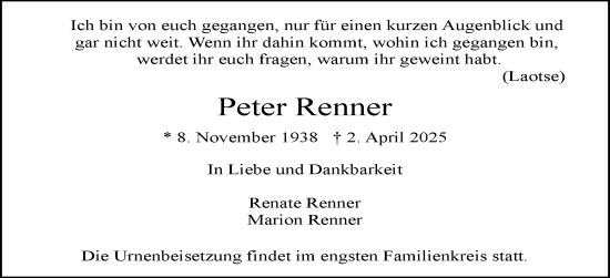 Traueranzeige von Peter Renner von Flensburger Tageblatt