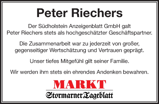 Traueranzeige von Peter Riechers von MARKT Glinde/Reinfeld