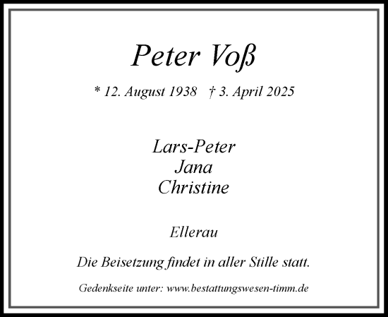 Traueranzeige von Peter Voß von Region Pinneberg und tip Pinneberg