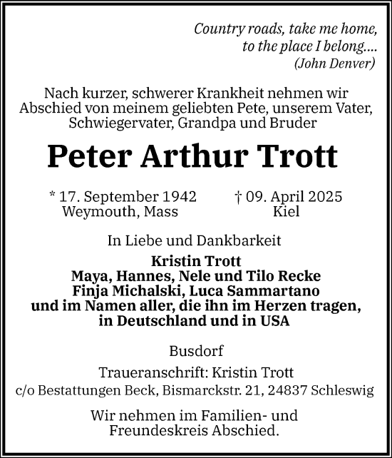 Traueranzeige von Peter Arthur Trott von Schleswiger Nachrichten, Schlei-Bote