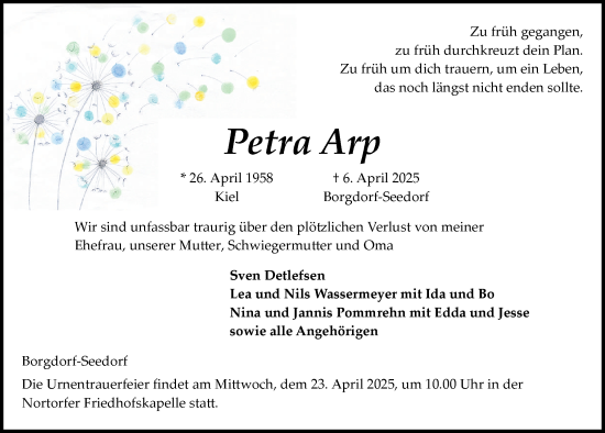 Traueranzeige von Petra Arp von Schleswig-Holsteinische Landeszeitung