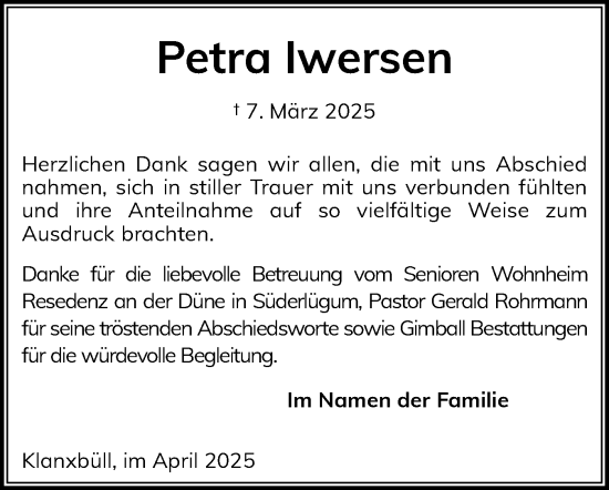 Traueranzeige von Petra Iwersen von Husumer Nachrichten, Nordfriesland Tageblatt