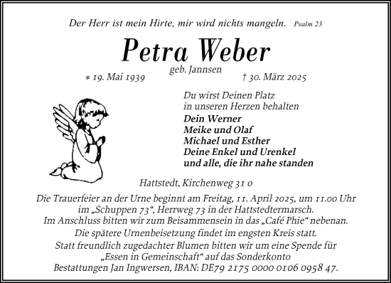 Traueranzeige von Petra Weber von Husumer Nachrichten, Nordfriesland Tageblatt