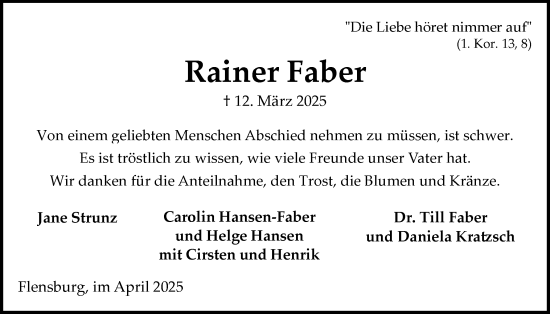 Traueranzeige von Rainer Faber von Flensburger Tageblatt