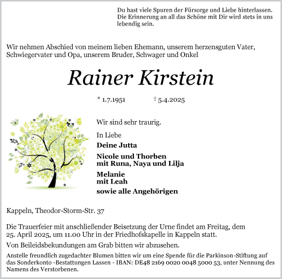Traueranzeige von Rainer Kirstein von Schleswiger Nachrichten, Schlei-Bote
