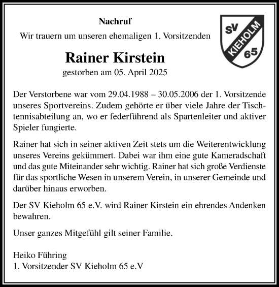 Traueranzeige von Rainer Kirstein von Die WochenSchau Angeln