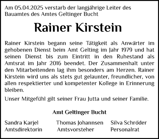Traueranzeige von Rainer Kirstein von Schleswiger Nachrichten, Schlei-Bote