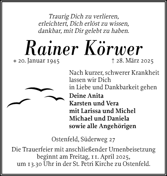 Traueranzeige von Rainer Körwer von Husumer Nachrichten, Nordfriesland Tageblatt