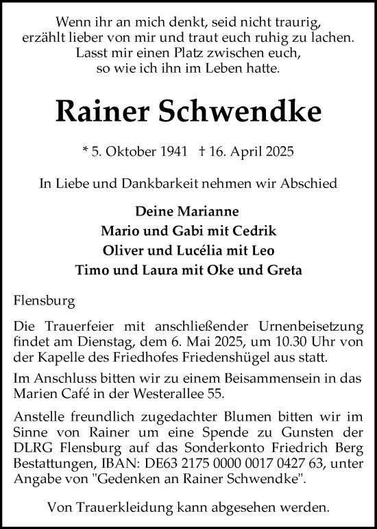 Traueranzeige von Rainer Schwendke von Flensburger Tageblatt