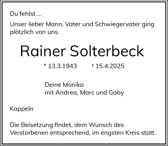 Traueranzeige von Rainer Solterbeck von Schleswiger Nachrichten, Schlei-Bote