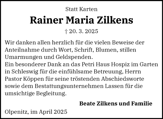 Traueranzeige von Rainer Maria Zilkens von Schleswiger Nachrichten, Schlei-Bote