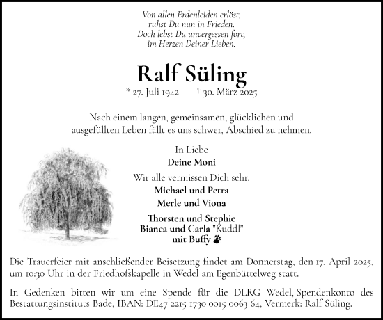 Traueranzeige von Ralf Süling von Wedel-Schulauer Tageblatt, tip Wedel-Schulauer Tageblatt, tip Rissener Rundschau
