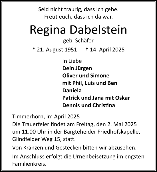 Traueranzeige von Regina Dabelstein von MARKT Ahrensburg/Bargteheide/Trittau und Stormarner Tageblatt