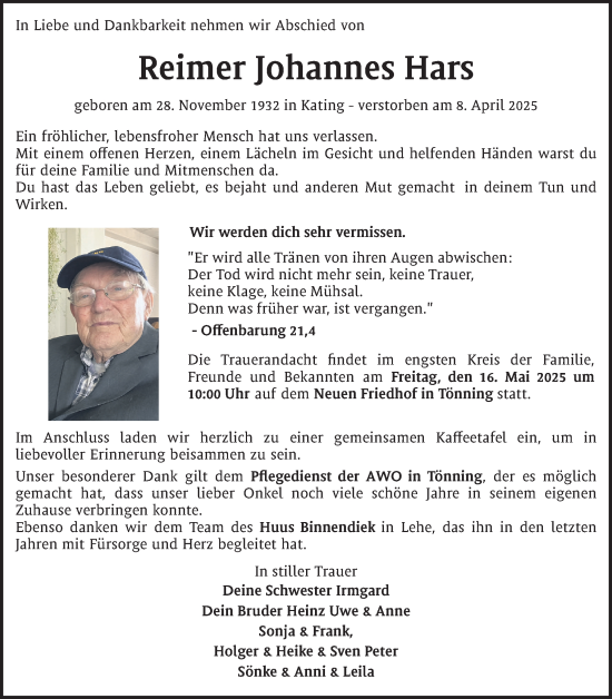Traueranzeige von Reimer Johannes Hars von Region Flensburg