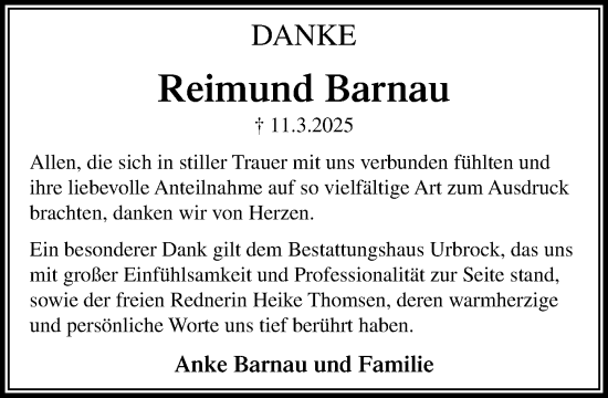 Traueranzeige von Reimund Barnau von MARKT Ratzeburg/Mölln