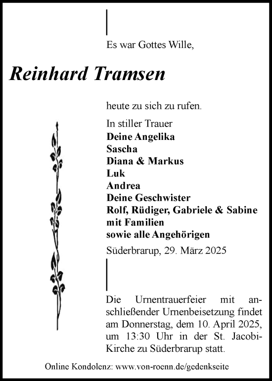 Traueranzeige von Reinhard Tramsen von Flensburger Tageblatt, Schleswiger Nachrichten, Schlei-Bote