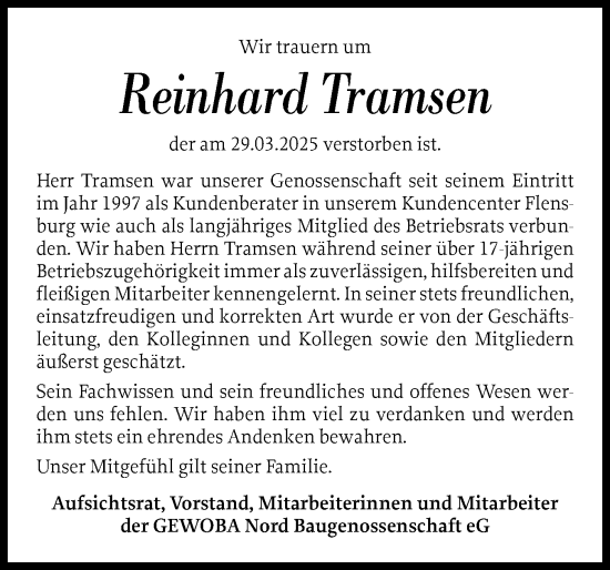 Traueranzeige von Reinhard Tramsen von Flensburger Tageblatt