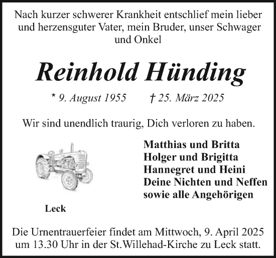 Traueranzeige von Reinhold Hünding von Husumer Nachrichten, Nordfriesland Tageblatt